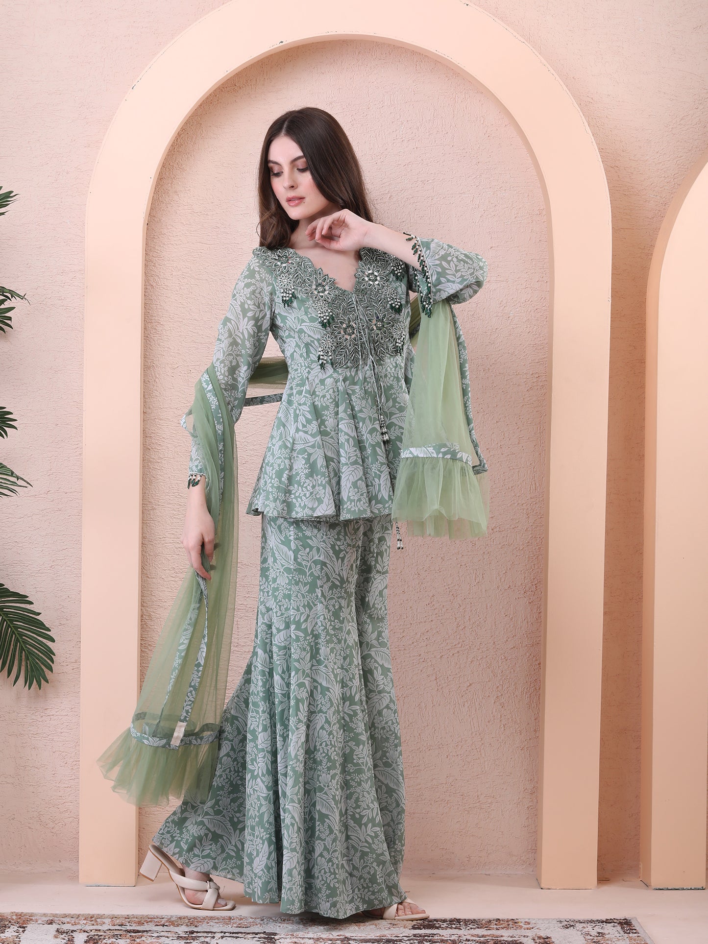 Green Georgette Printed Peplum Anarkali Sharara Set