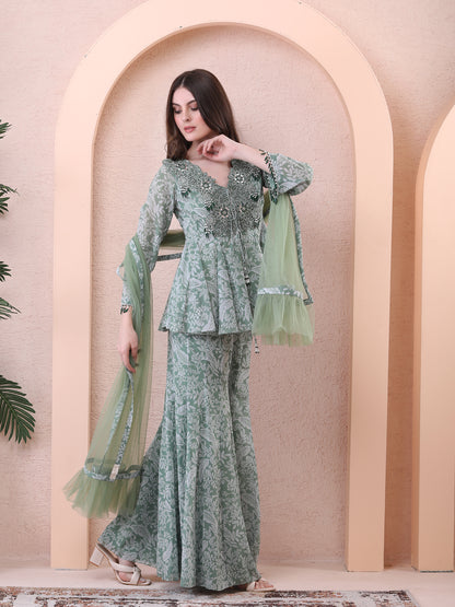 Green Georgette Printed Peplum Anarkali Sharara Set