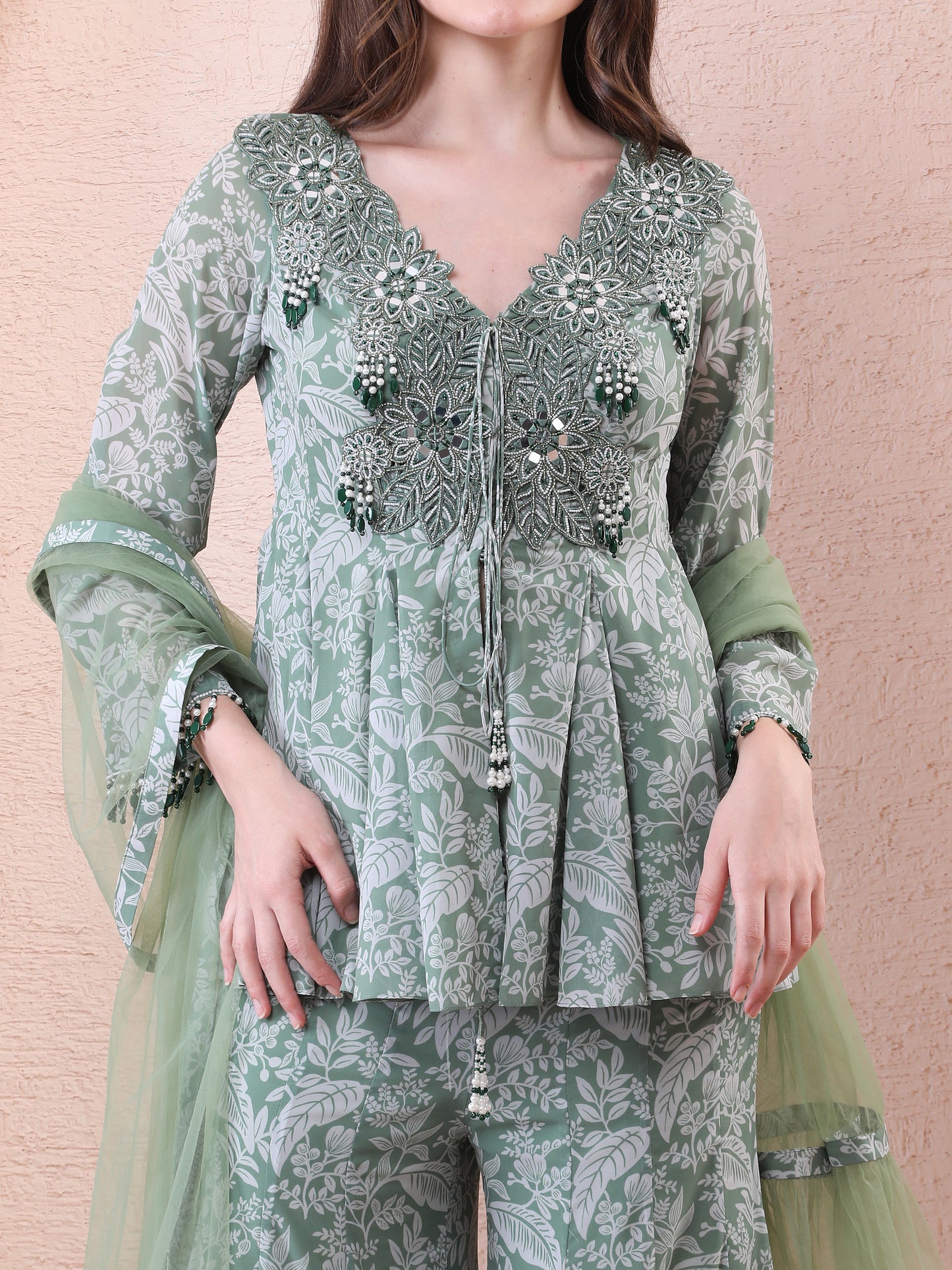 Green Georgette Printed Peplum Anarkali Sharara Set