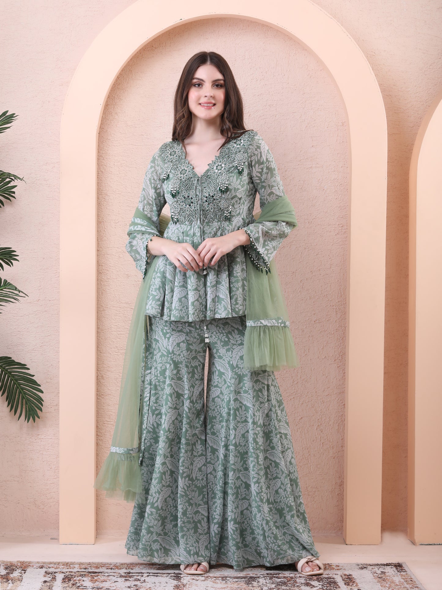 Green Georgette Printed Peplum Anarkali Sharara Set