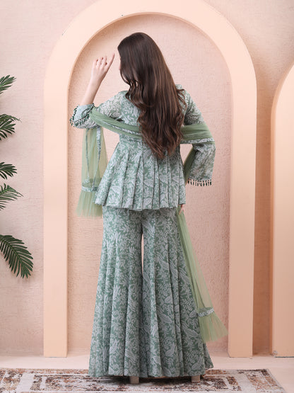 Green Georgette Printed Peplum Anarkali Sharara Set