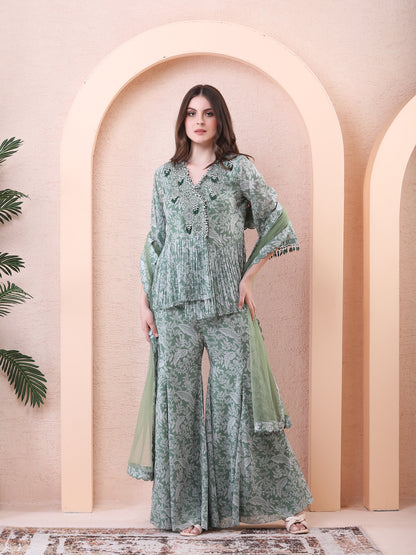 Green Georgette Printed Draped Angrakha Sharara Set