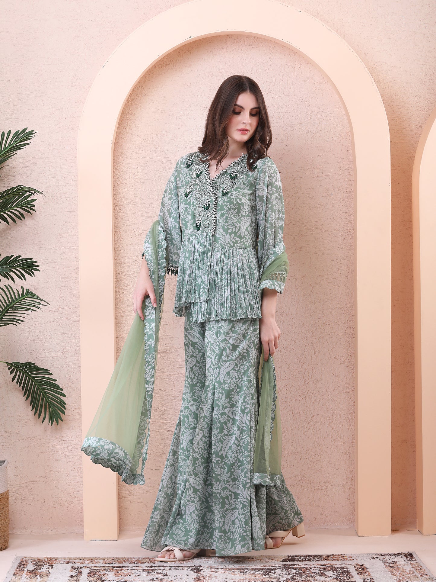 Green Georgette Printed Draped Angrakha Sharara Set
