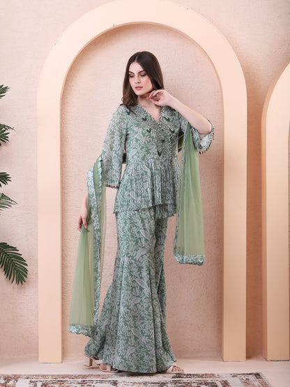 Green Georgette Printed Draped Angrakha Sharara Set
