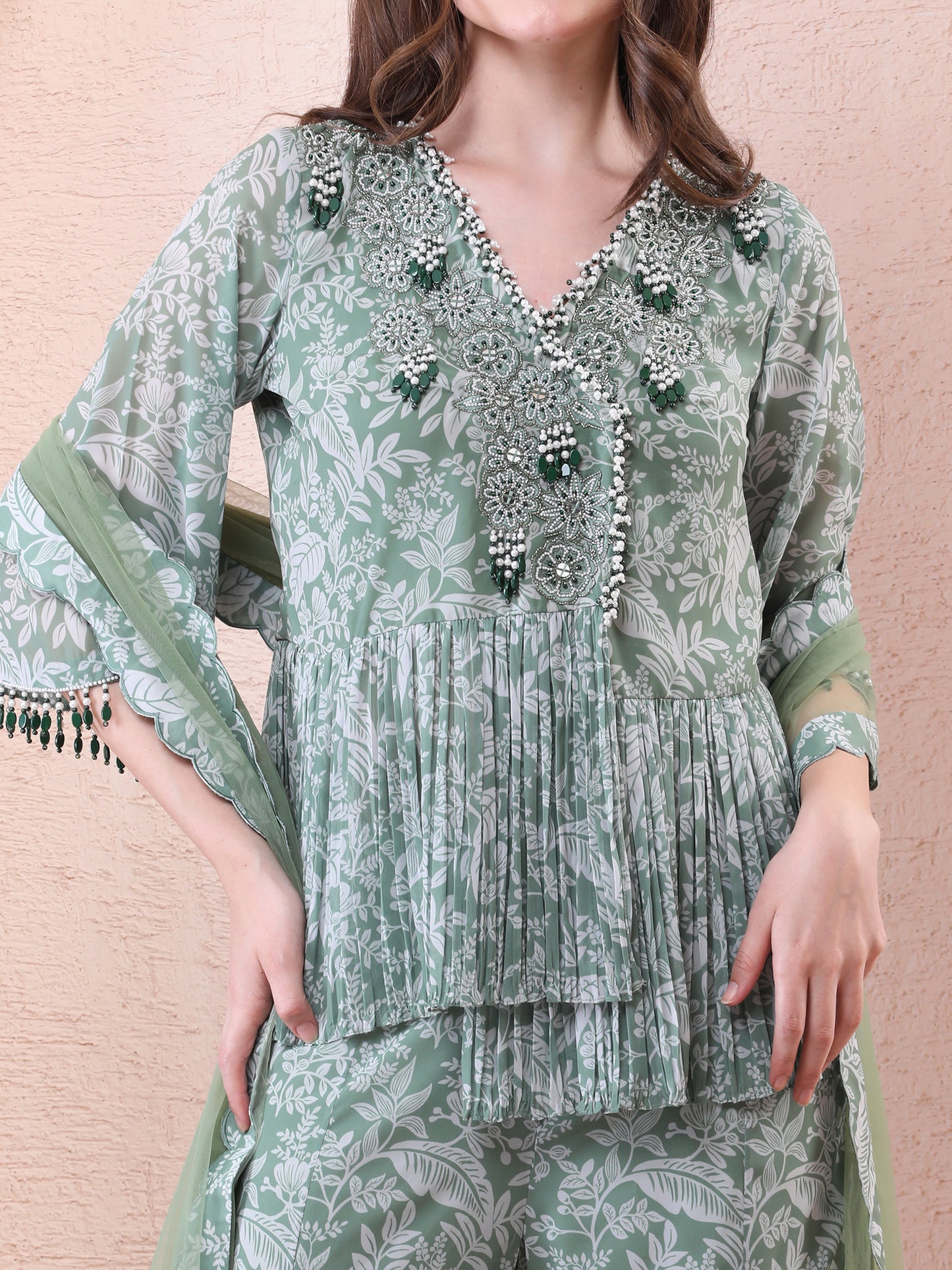 Green Georgette Printed Draped Angrakha Sharara Set