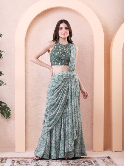 Green Georgette Printed Pre-draped Saree With Blouse