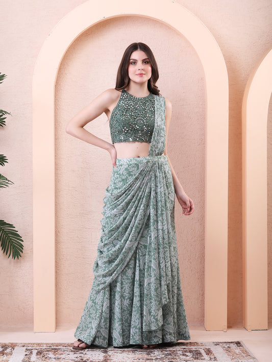 Green Georgette Printed Pre-draped Saree With Blouse