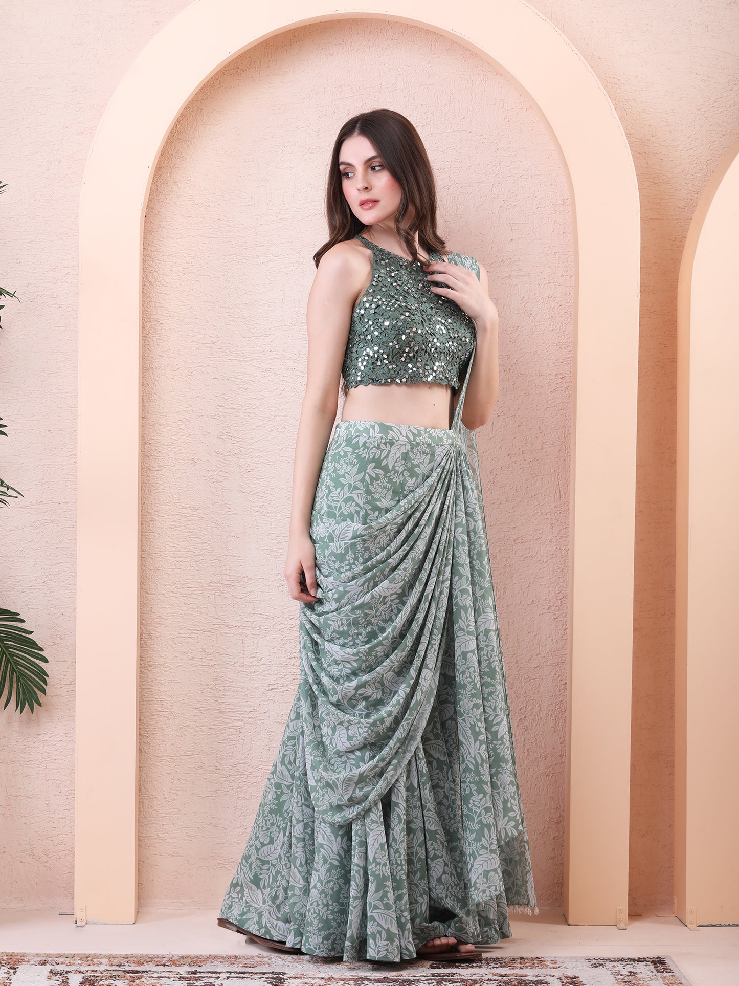 Green Georgette Printed Pre-draped Saree With Blouse