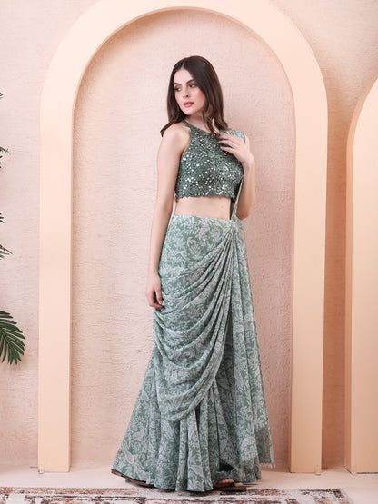 Green Georgette Printed Pre-draped Saree With Blouse