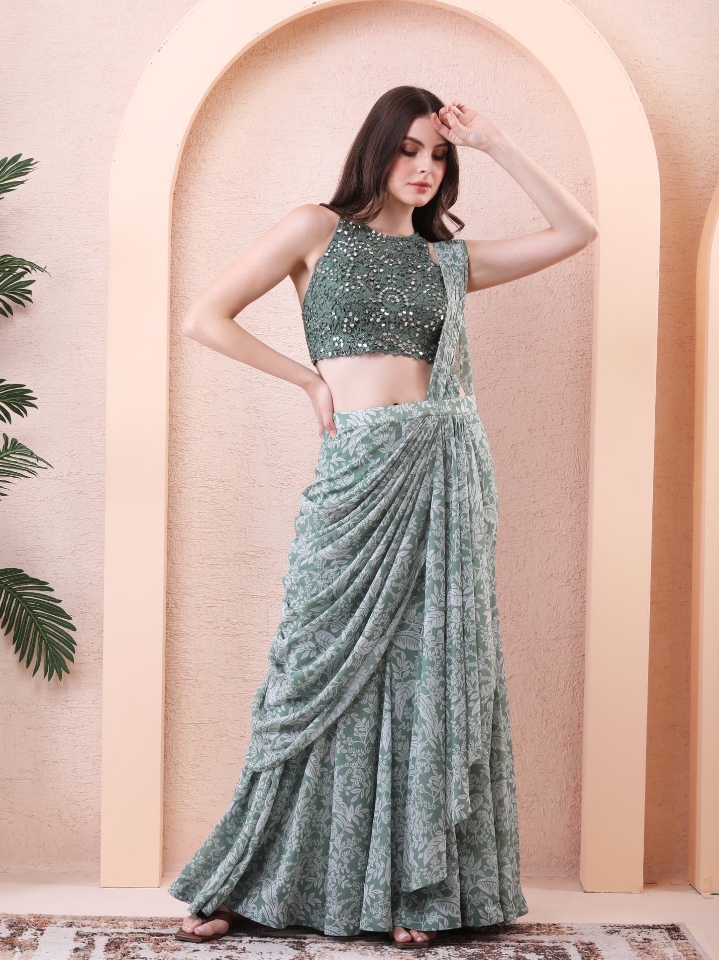 Green Georgette Printed Pre-draped Saree With Blouse