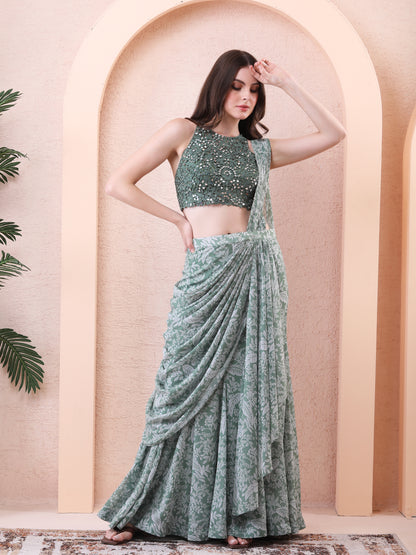 Green Georgette Printed Pre-draped Saree With Blouse