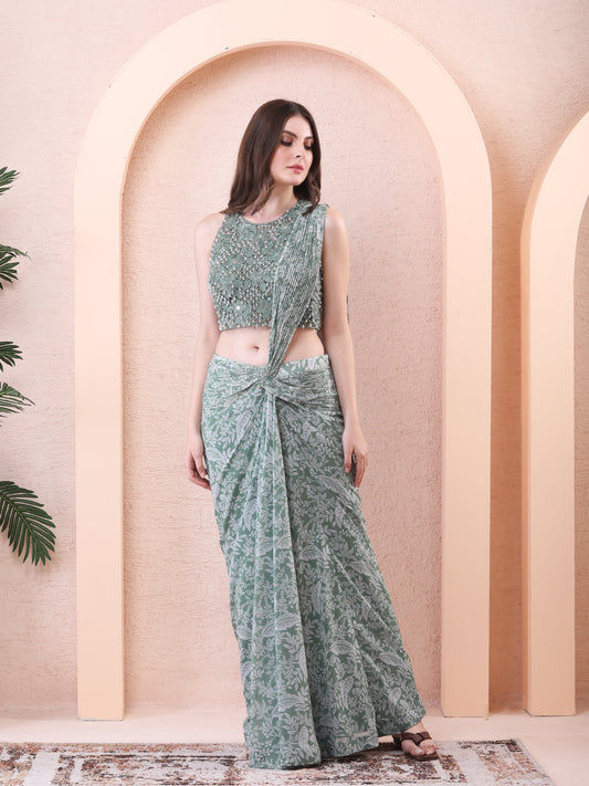 Green Georgette Printed Pre-draped Saree With Embroidered Blouse