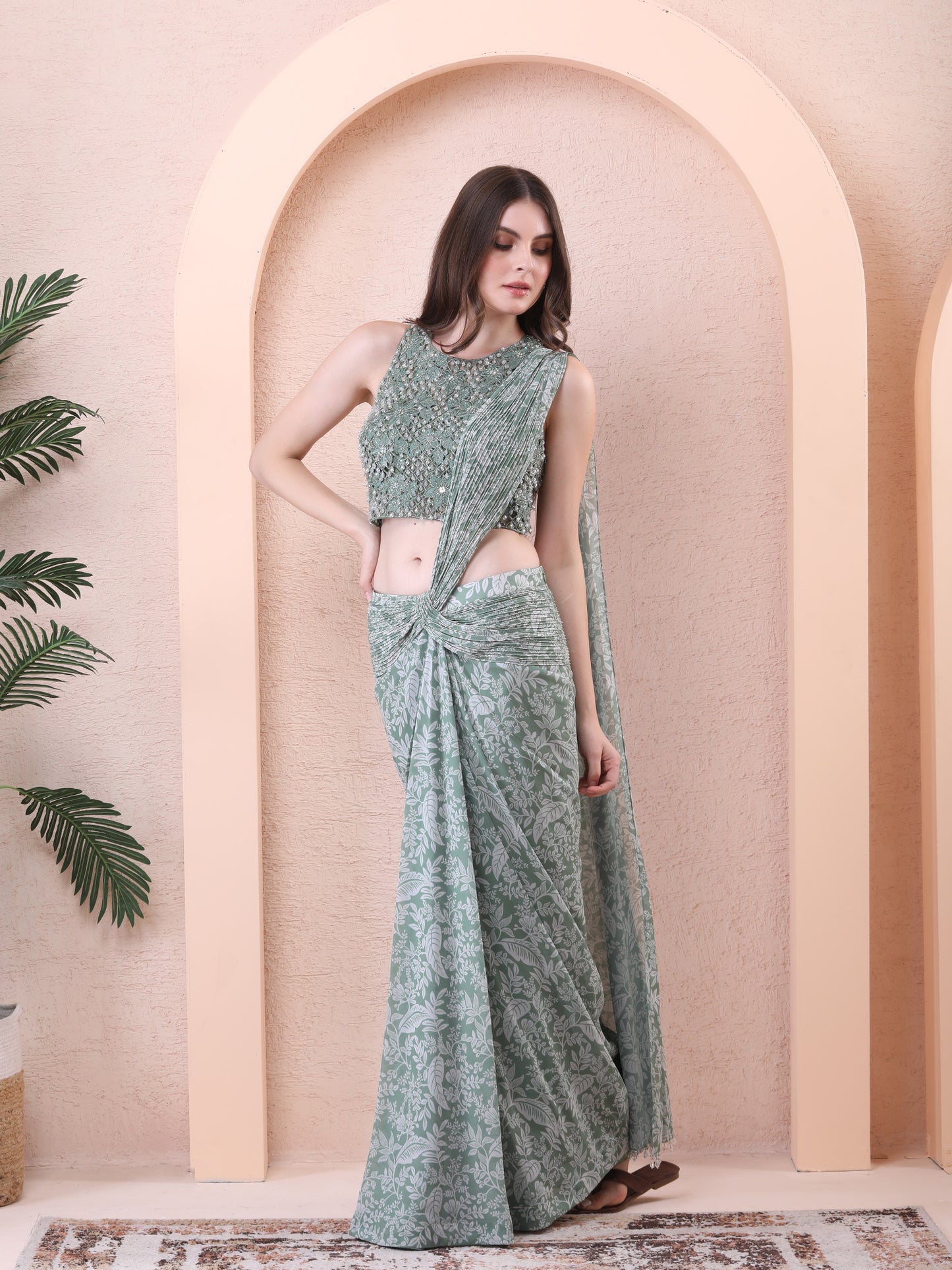 Green Georgette Printed Pre-draped Saree With Embroidered Blouse