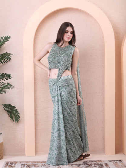 Green Georgette Printed Pre-draped Saree With Embroidered Blouse