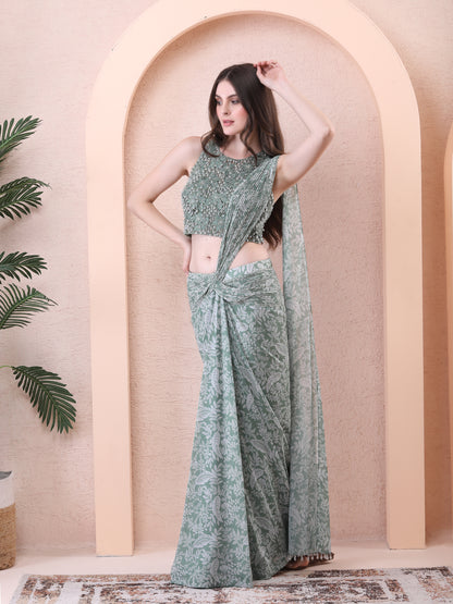 Green Georgette Printed Pre-draped Saree With Embroidered Blouse