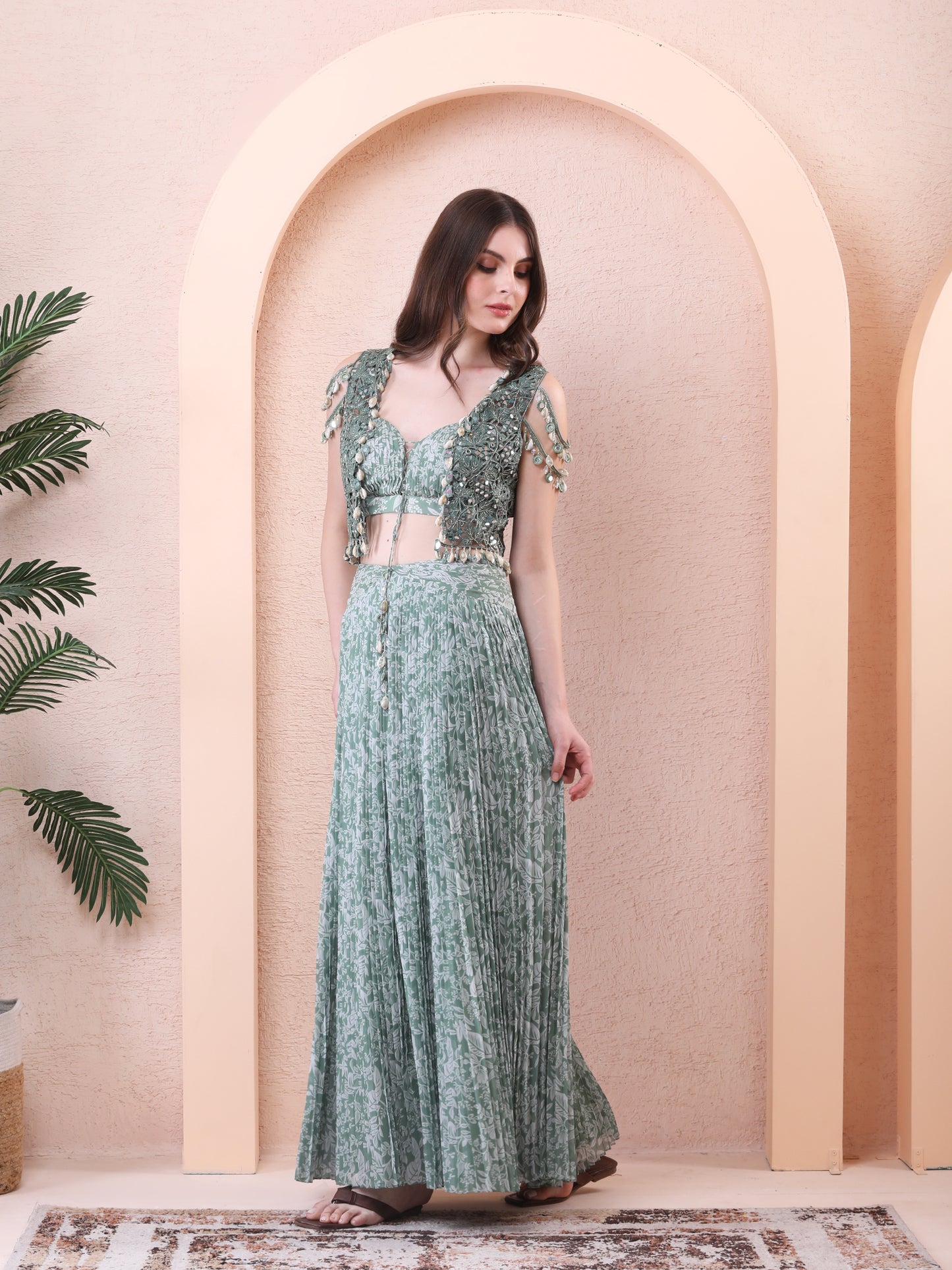 Green Printed Pleated Skirt Set