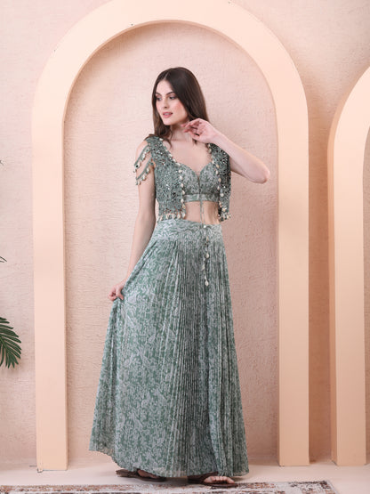 Green Printed Pleated Skirt Set
