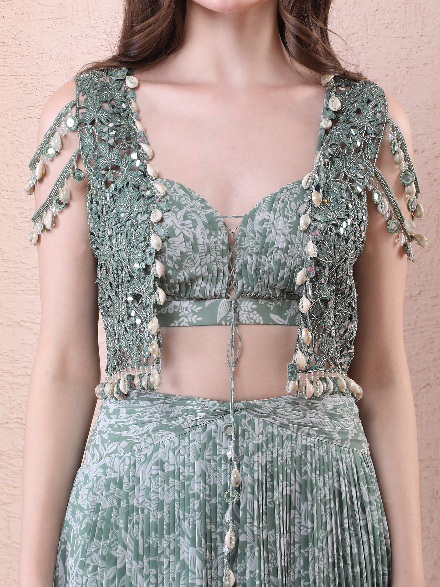 Green Printed Pleated Skirt Set