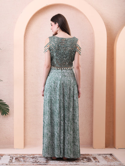Green Printed Pleated Skirt Set