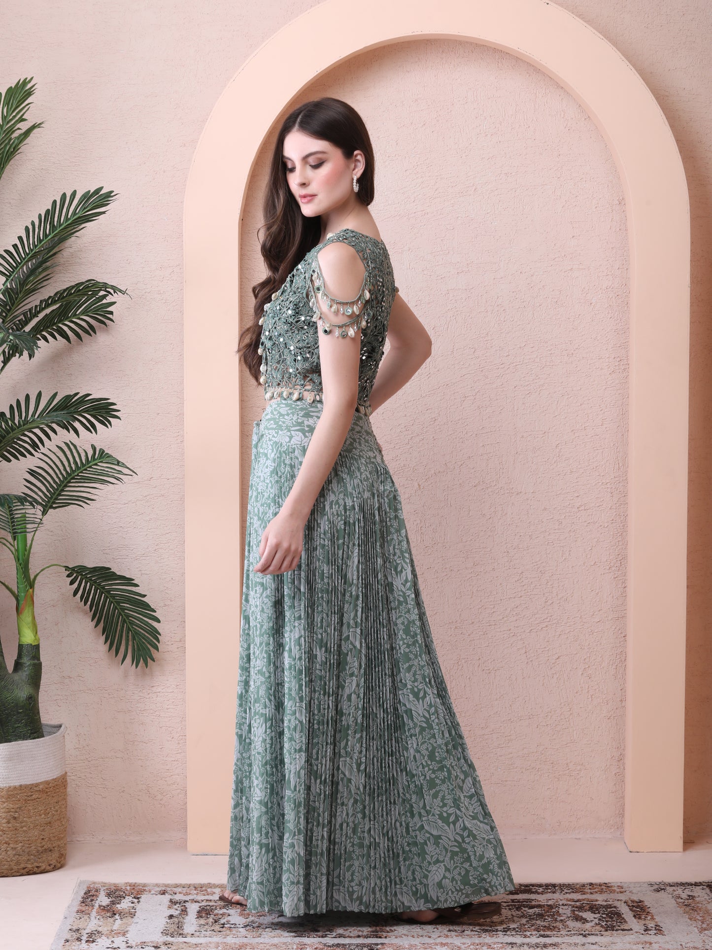 Green Georgette Printed Pre-draped Saree With Embroidered Blouse