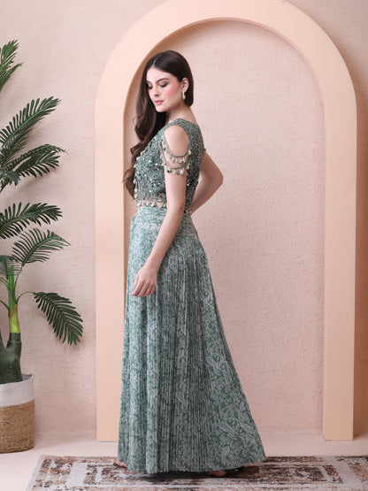 Green Georgette Printed Pre-draped Saree With Embroidered Blouse