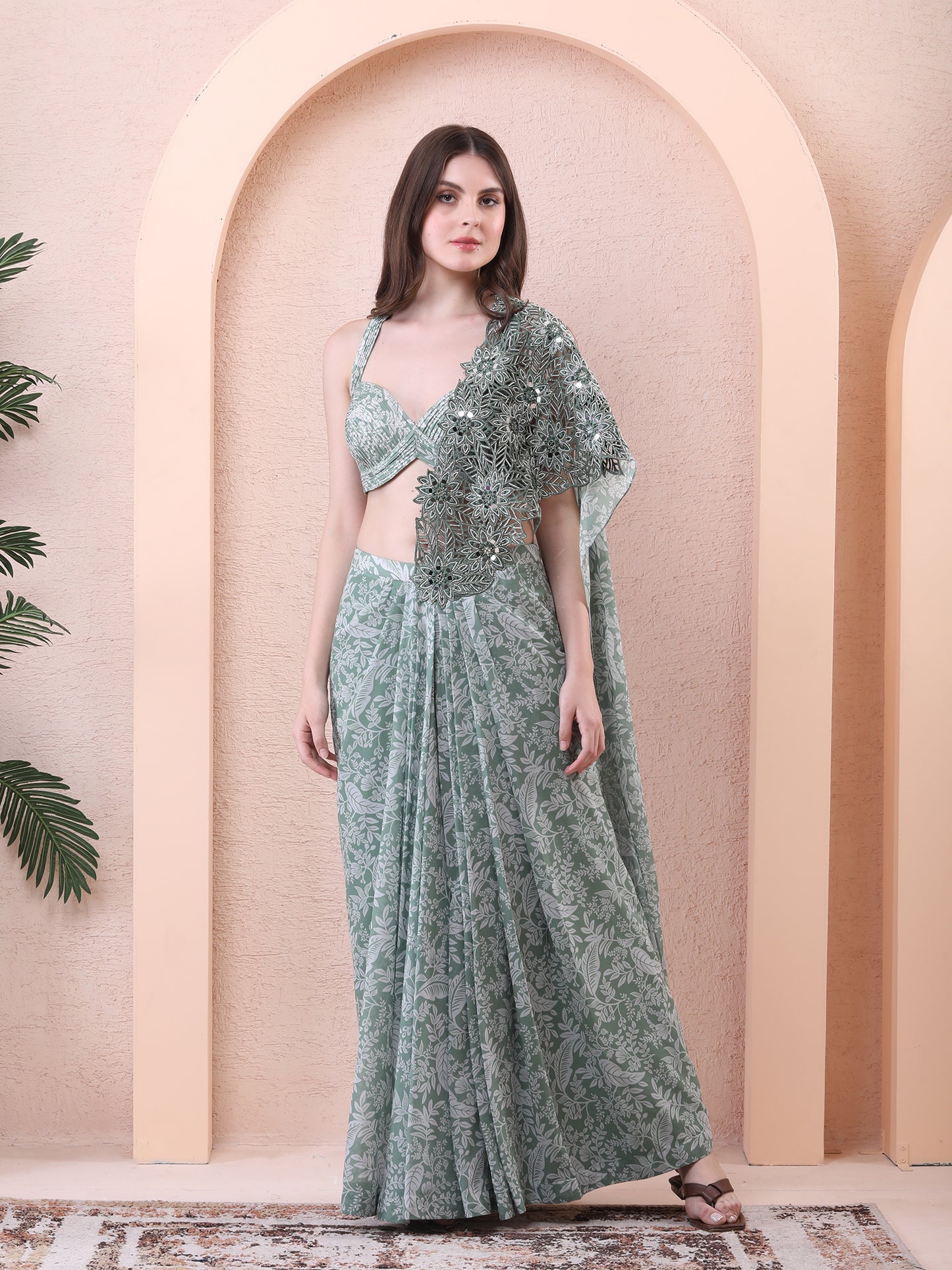 Green Georgette Printed Pre-draped Saree With Blouse