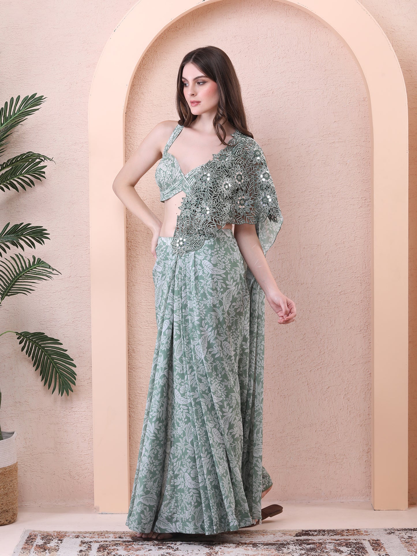 Green Georgette Printed Pre-draped Saree With Blouse