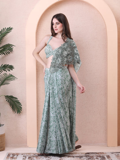 Green Georgette Printed Pre-draped Saree With Blouse