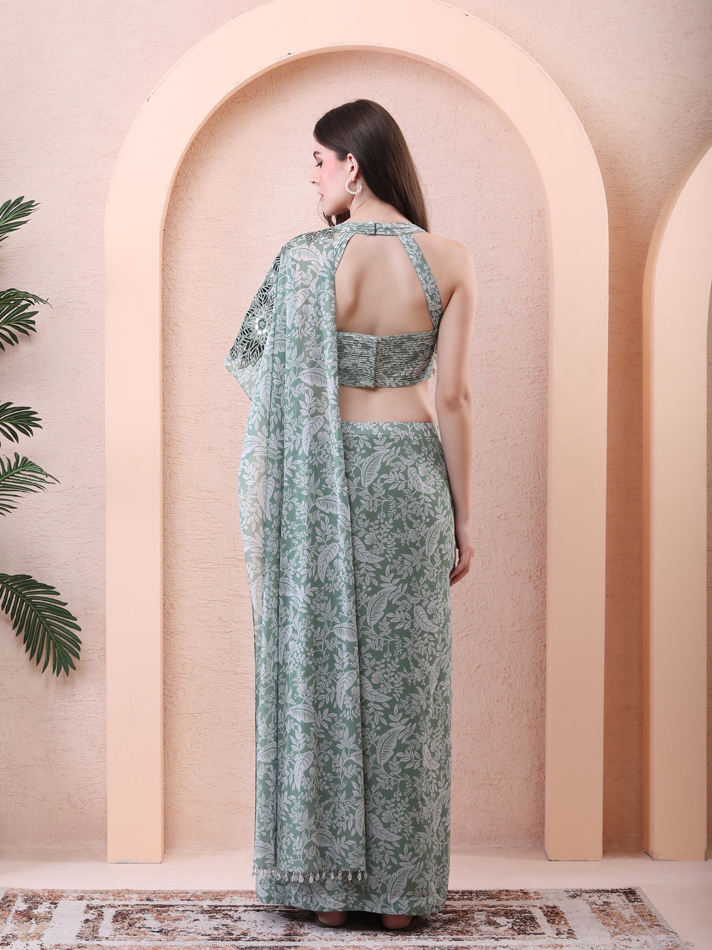 Green Georgette Printed Pre-draped Saree With Blouse