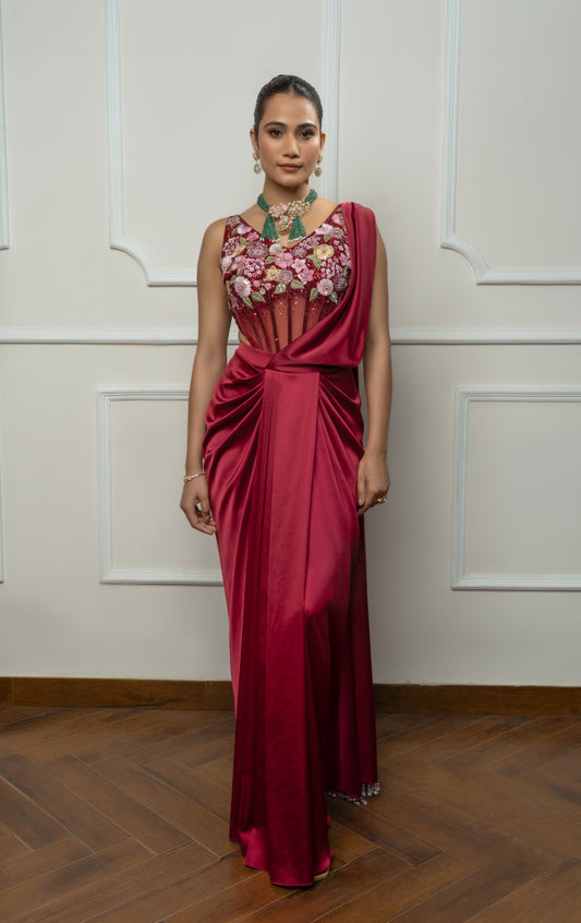 Maroon drape saree set with floral bodysuit