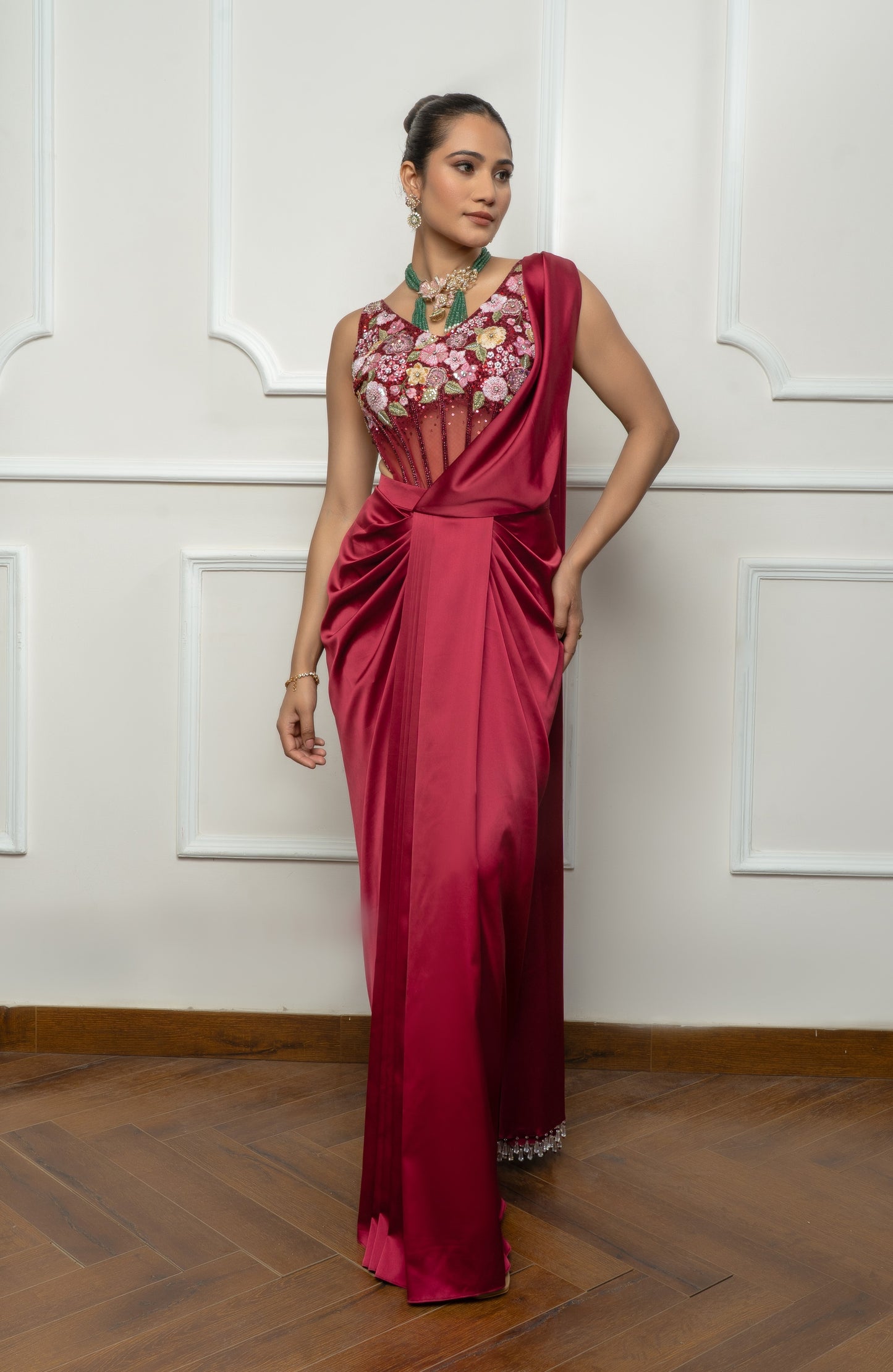Maroon drape saree set with floral bodysuit