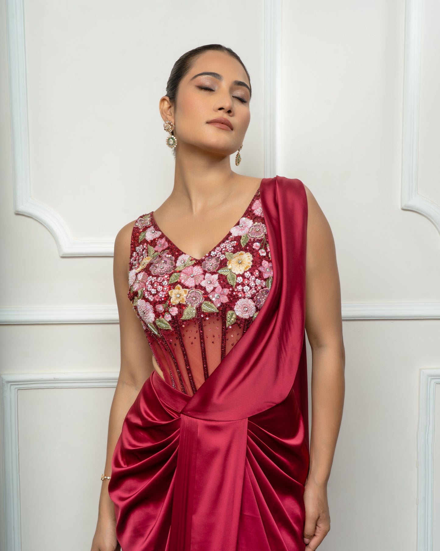 Maroon drape saree set with floral bodysuit