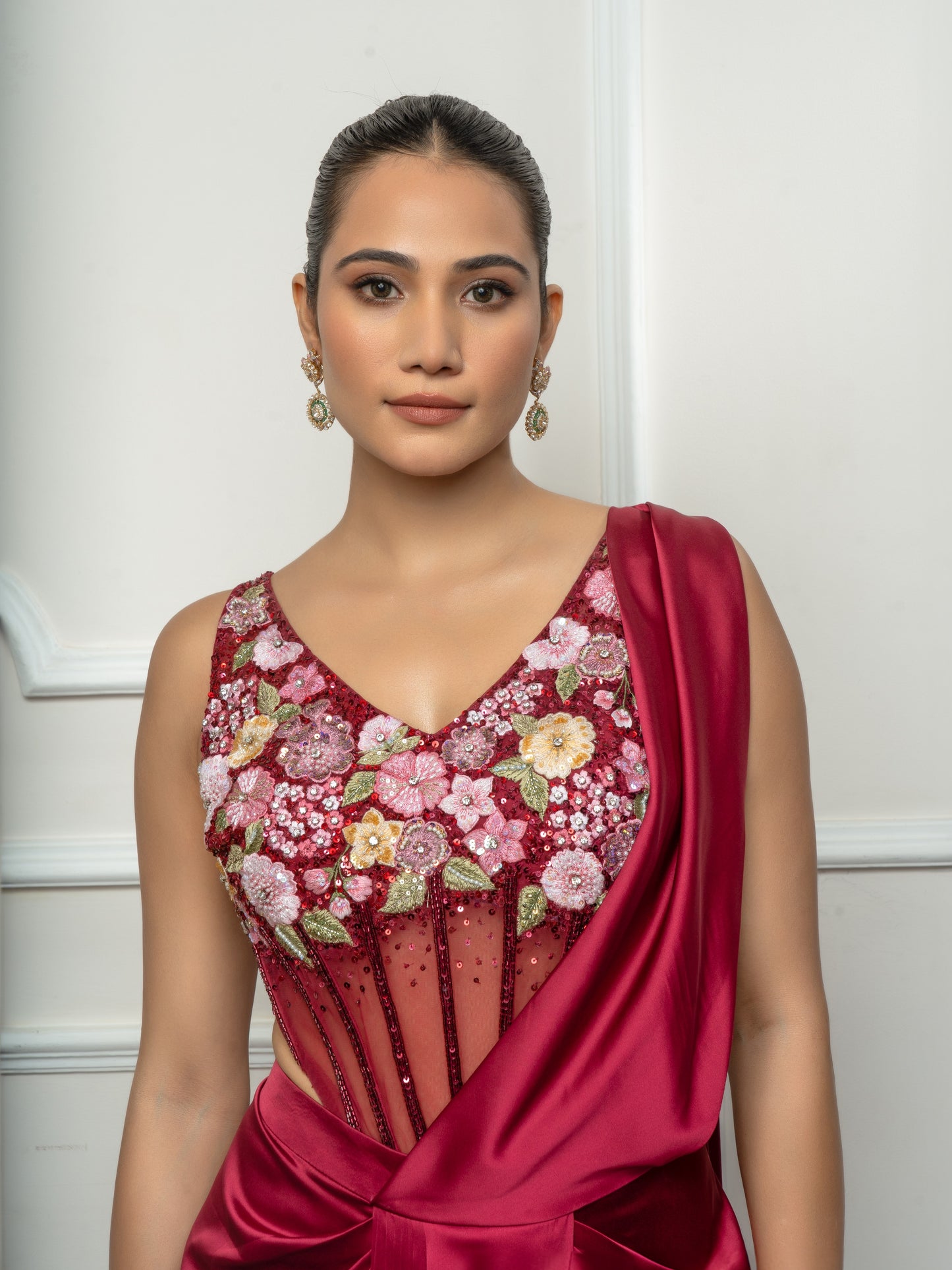 Maroon drape saree set with floral bodysuit