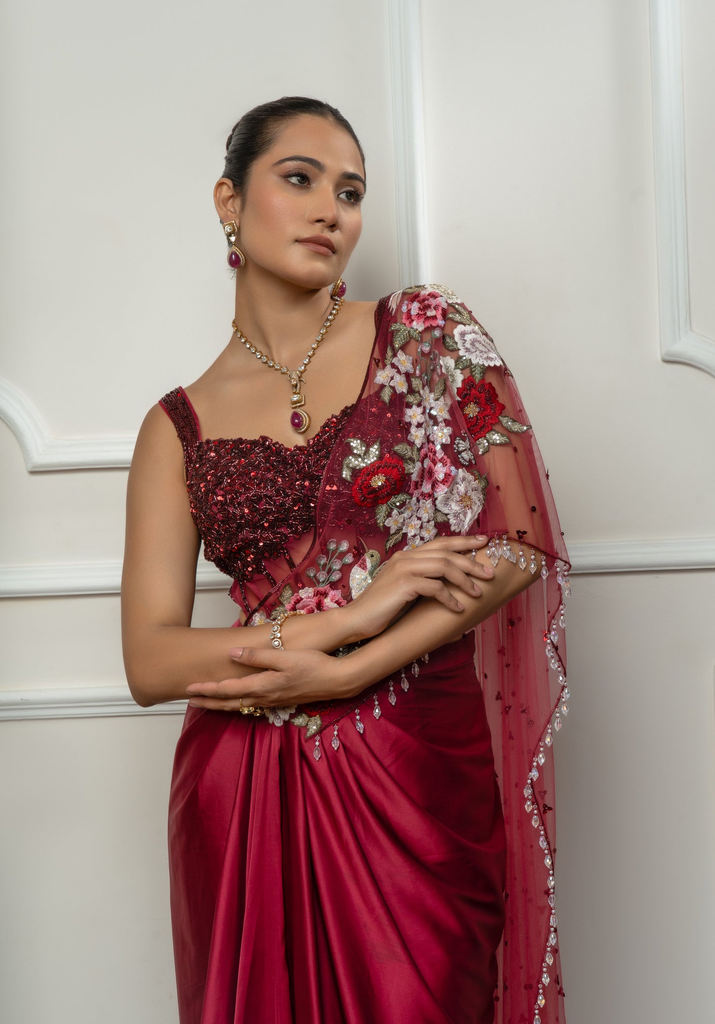 Maroon Drape Saree Set with embroidered Bodysuit