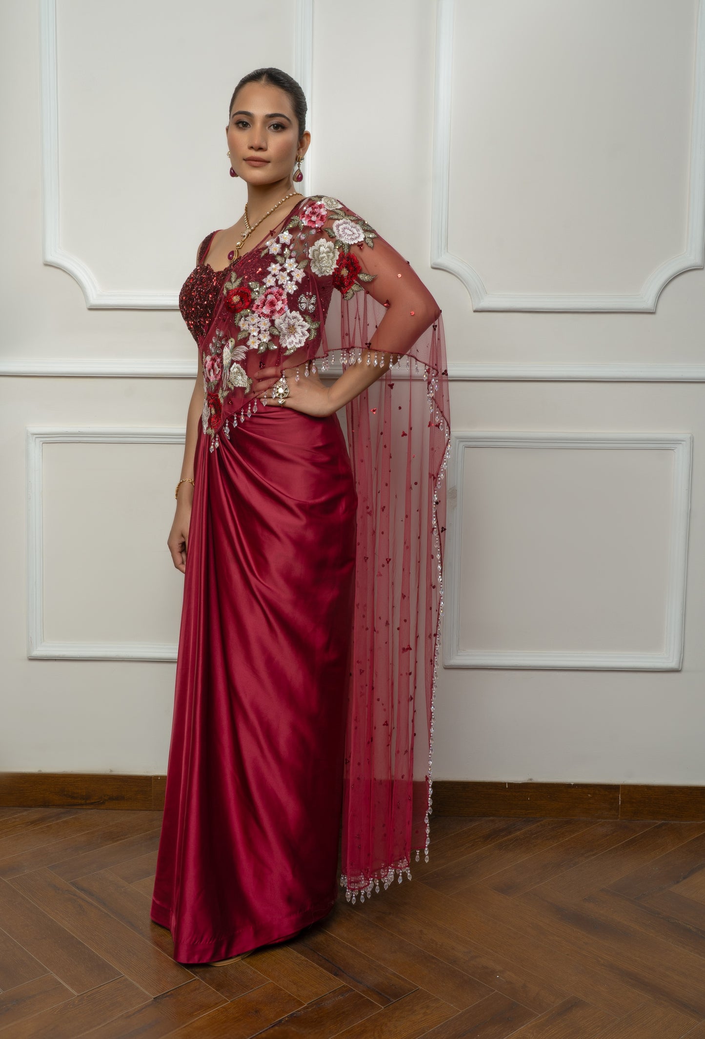 Maroon Drape Saree Set with embroidered Bodysuit