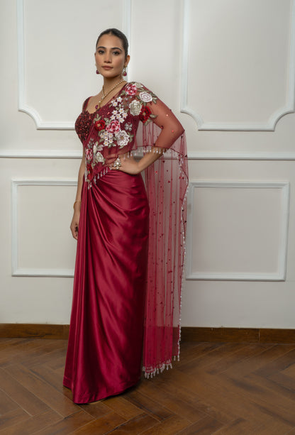 Maroon Drape Saree Set with embroidered Bodysuit