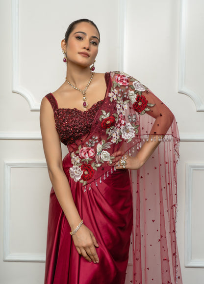 Maroon Drape Saree Set with embroidered Bodysuit