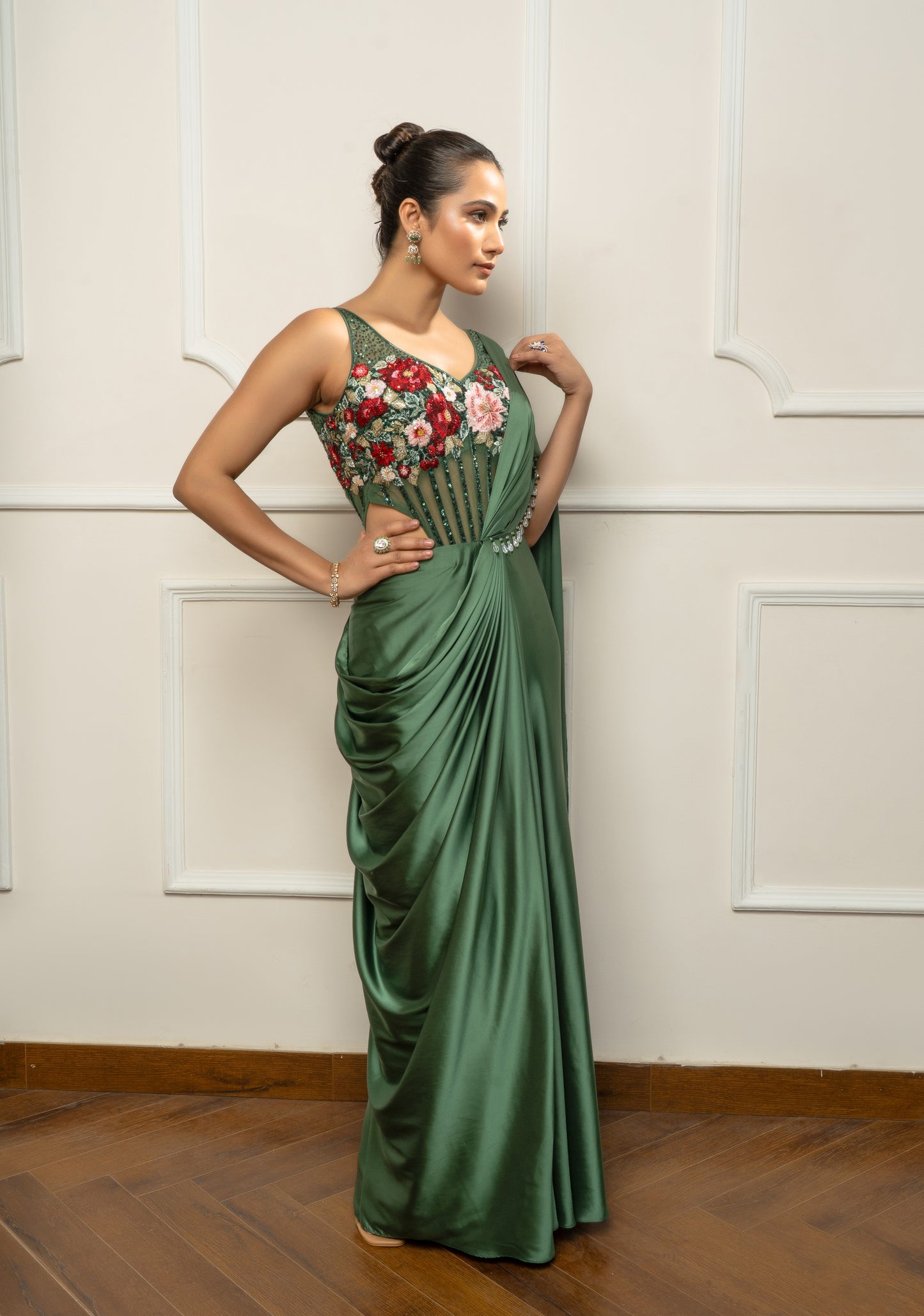 Green Drape Saree set with Floral body suit