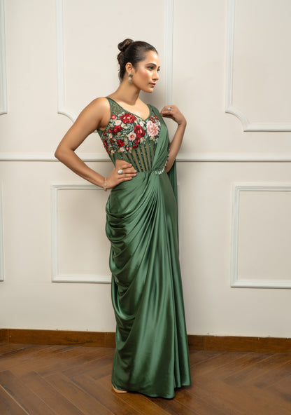 Green Drape Saree set with Floral body suit