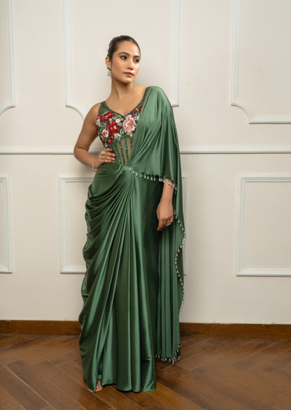 Green Drape Saree set with Floral body suit