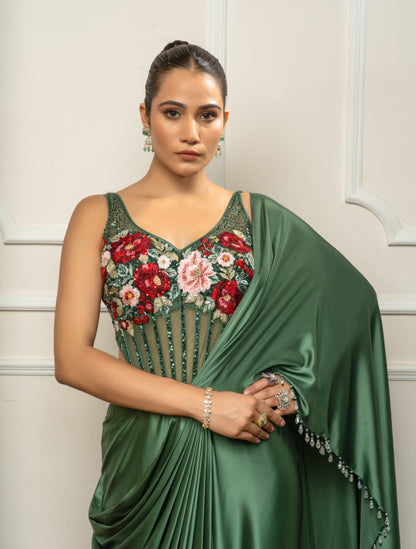 Green Drape Saree set with Floral body suit