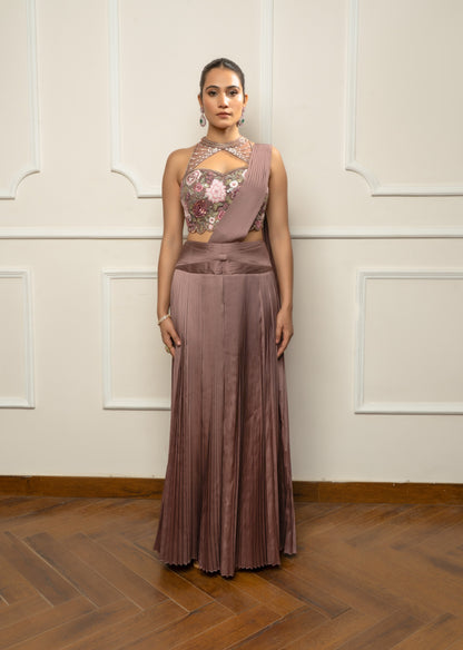 Mauve Taupe Pleated Skirt with Embroidered Blouse