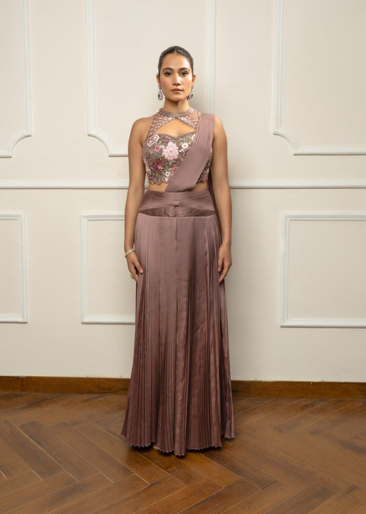 Mauve Taupe Pleated Skirt with Embroidered Blouse