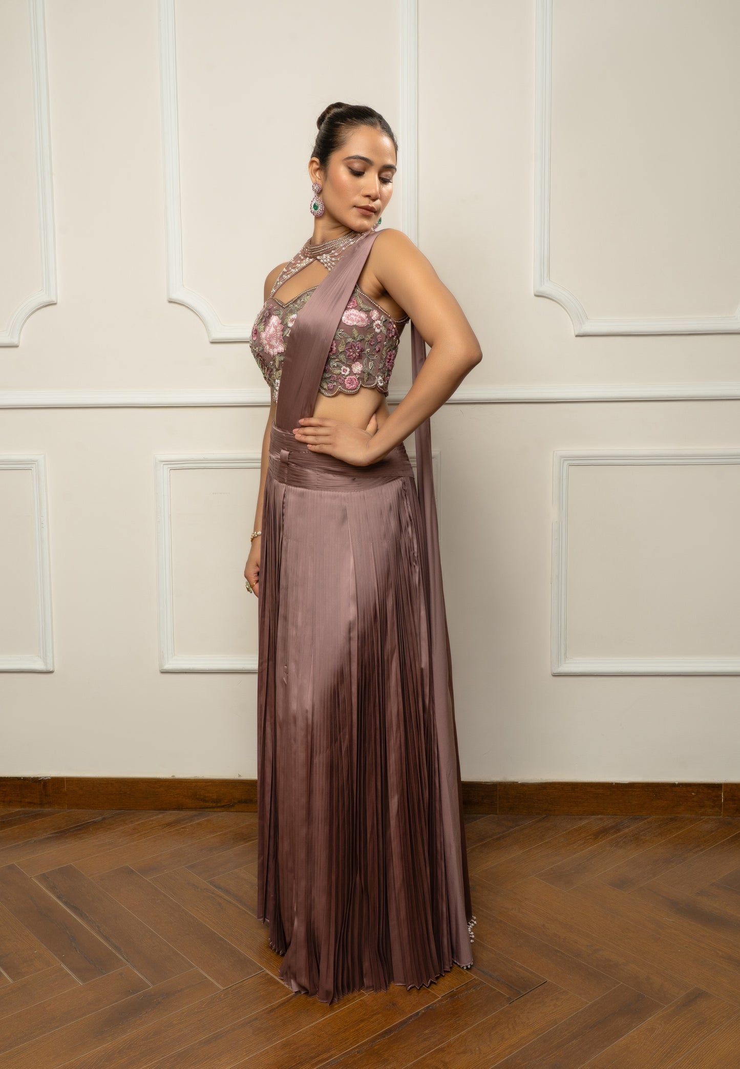 Mauve Taupe Pleated Skirt with Embroidered Blouse