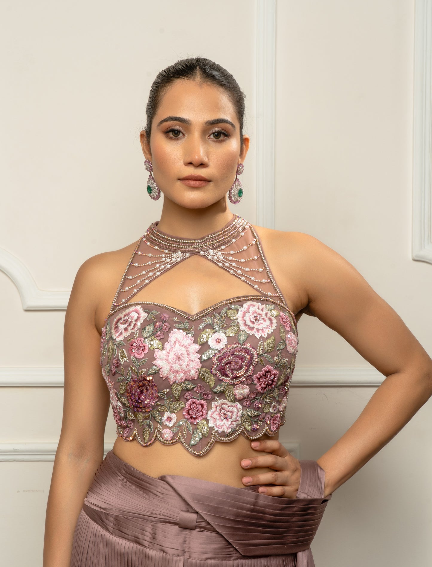 Mauve Taupe Pleated Skirt with Embroidered Blouse