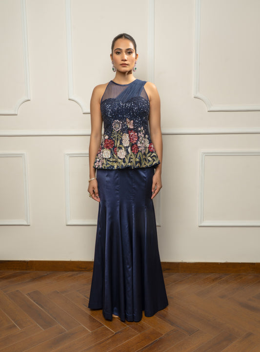 Navy blue embroidered top with skirt