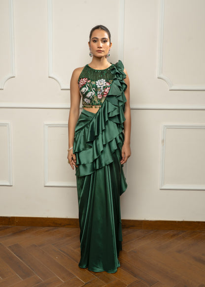 Bottle green drape saree set