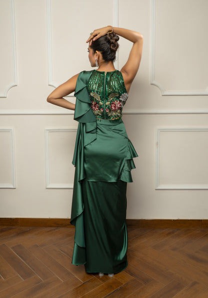 Bottle green drape saree set