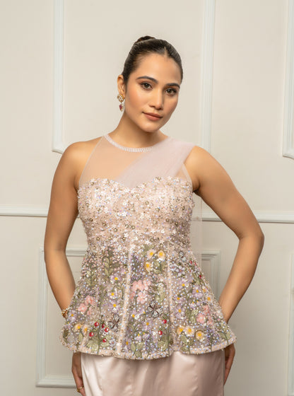 Beige embroidered top with skirt