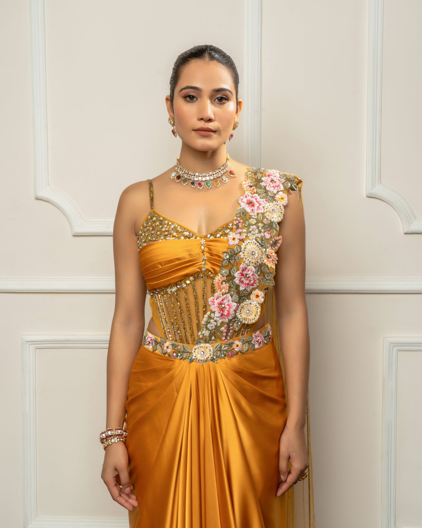 Mustard yellow drape saree set with bodysuit